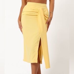 Sndys zanita yellow slit leg draped midi skirt